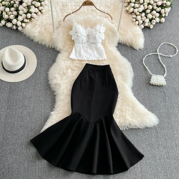 fashion two piece dress women's super immortal 3d flower binding bead suspender tank two piece high waist wrapped hip fishtail skirt, White
fashion two piece dress women's super immortal 3d flower binding bead suspender tank two piece high waist wrapped hip fishtail skirt, White