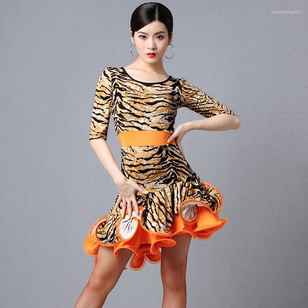 

stage wear professional latin dance dress woman leopard fish bone skirt ballroom latine american clothes practice dresses dl4405, Black;red