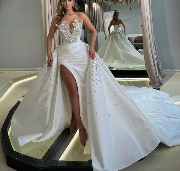 stylish mermaid wedding dresses sleeveless v neck beaded sequins appliques lace satin detachable train side slit bridal gowns plus size vest, White
stylish mermaid wedding dresses sleeveless v neck beaded sequins appliques lace satin detachable train side slit bridal gowns plus size vest, White