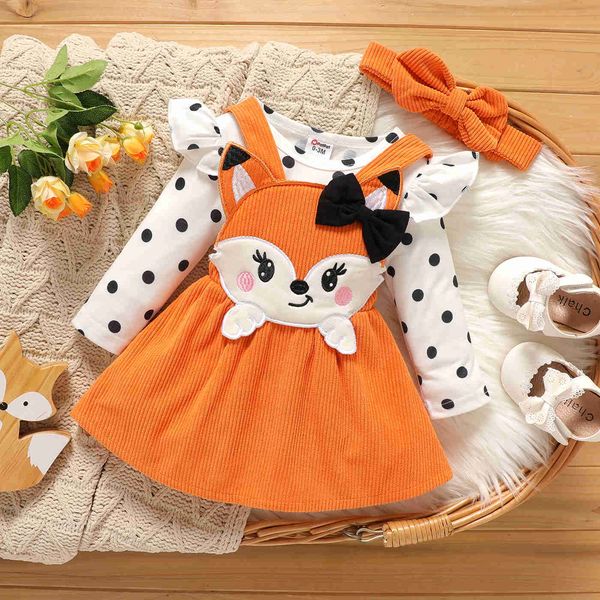 girl's dresses 3pcs baby girl polka dot print ruffle long-sleeve romper and fox design corduroy overall dress with headband set p230327, Red;yellow
girl's dresses 3pcs baby girl polka dot print ruffle long-sleeve romper and fox design corduroy overall dress with headband set p230327, Red;yellow