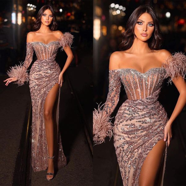 gorgeous mermaid prom dresses sweetheart off shoulder one sleeve applicants feathers high split backless floor length custom made party dres, Black
gorgeous mermaid prom dresses sweetheart off shoulder one sleeve applicants feathers high split backless floor length custom made party dres, Black