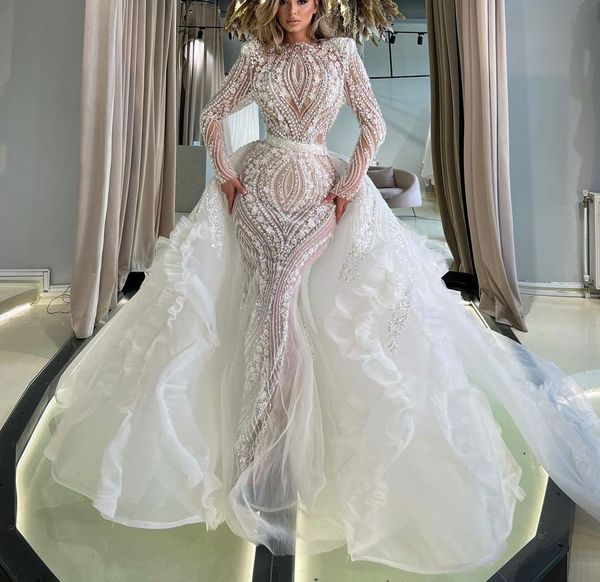 luxury mermaid wedding dresses long sleeves high neck beaded sequins appliques 3d lace hollow detachable train bridal gowns plus size vestid, White
luxury mermaid wedding dresses long sleeves high neck beaded sequins appliques 3d lace hollow detachable train bridal gowns plus size vestid, White