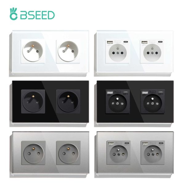 Image of Sockets BSEED France Sockets Wall Outlet Home Decoration Double Wall Sockets Glass Panel French Sockets Outlet 16A Wall Mounted Z0327