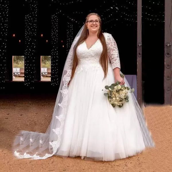 plus size a-line wedding dresses with long bride veils v-neck 3 quarter sleeves floor length ivory tulle bridal gowns lace applique country, White
plus size a-line wedding dresses with long bride veils v-neck 3 quarter sleeves floor length ivory tulle bridal gowns lace applique country, White