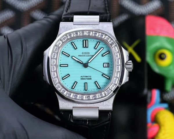 men automatic mechanical watch sky blue square diamond black leather 0, Slivery;brown
men automatic mechanical watch sky blue square diamond black leather 0, Slivery;brown