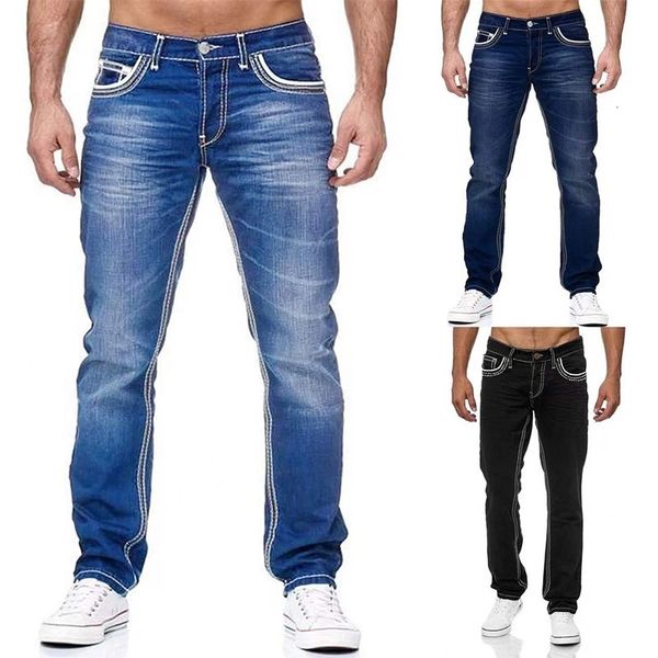 

mens jeans straight men washed no hole jean spring summer boyfriend streetwear loose cacual designer long denim pants trousers 230327, Blue