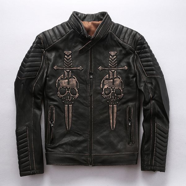 men's leather faux autumn winter thick cowhide jacket male vintage steelprint skull genuine coat stand collar doublesword warm 230329, Black
men's leather faux autumn winter thick cowhide jacket male vintage steelprint skull genuine coat stand collar doublesword warm 230329, Black