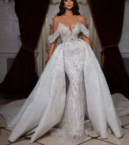 luxury mermaid wedding dresses sleeveless v neck off shoulder appliques sequins pearl ruffles detachable train floor length bridal gowns cus, White
luxury mermaid wedding dresses sleeveless v neck off shoulder appliques sequins pearl ruffles detachable train floor length bridal gowns cus, White