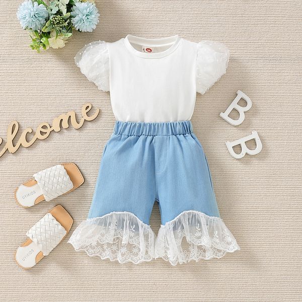 16102 new summer kids girls clothing sets lace short sleeve tshirt with denim lace shorts 2pcs children girl outfits, White
16102 new summer kids girls clothing sets lace short sleeve tshirt with denim lace shorts 2pcs children girl outfits, White