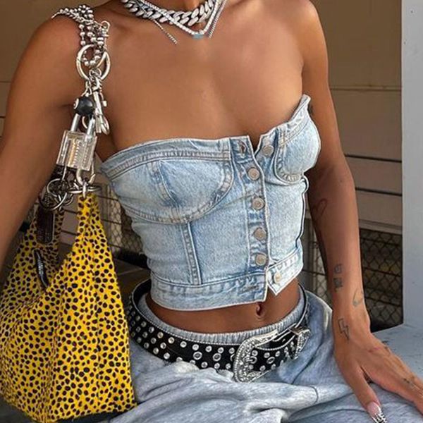 women's tanks cami's button down denim bustier crop strapless jeans corset backles push up tank s vintage harajuku streetwear 2303, White
women's tanks cami's button down denim bustier crop strapless jeans corset backles push up tank s vintage harajuku streetwear 2303, White