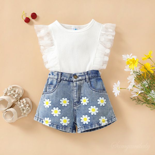16106 new summer kids girls clothing set polka dots mesh sleeve tshirt with denim shorts children girl outfits sets, White
16106 new summer kids girls clothing set polka dots mesh sleeve tshirt with denim shorts children girl outfits sets, White