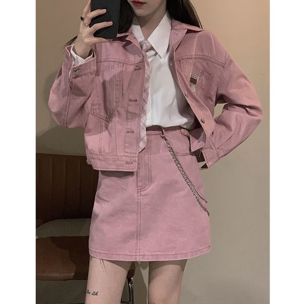 two piece dress retro pink women denim skirt two piece set summer korean fashion turn-down collar short jacket mini skirt suit 230329, White
two piece dress retro pink women denim skirt two piece set summer korean fashion turn-down collar short jacket mini skirt suit 230329, White
