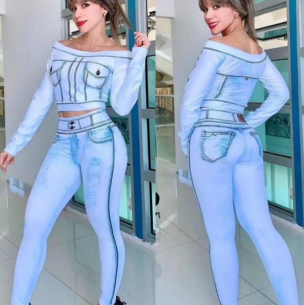 k7153 european american women's two piece pants off-shoulder long-sleeved denim printed temperament commuting suit, White
k7153 european american women's two piece pants off-shoulder long-sleeved denim printed temperament commuting suit, White