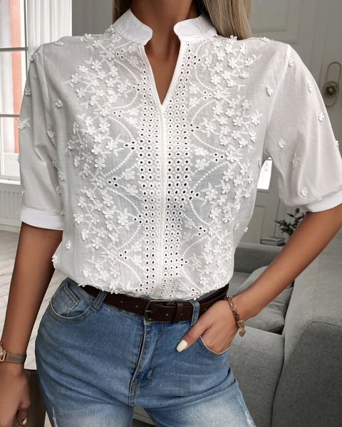 women's blouses shirts elegant lady's tunic with floral pattern and round hole embroidery half-sleeve lapel tunic 230329, White
women's blouses shirts elegant lady's tunic with floral pattern and round hole embroidery half-sleeve lapel tunic 230329, White