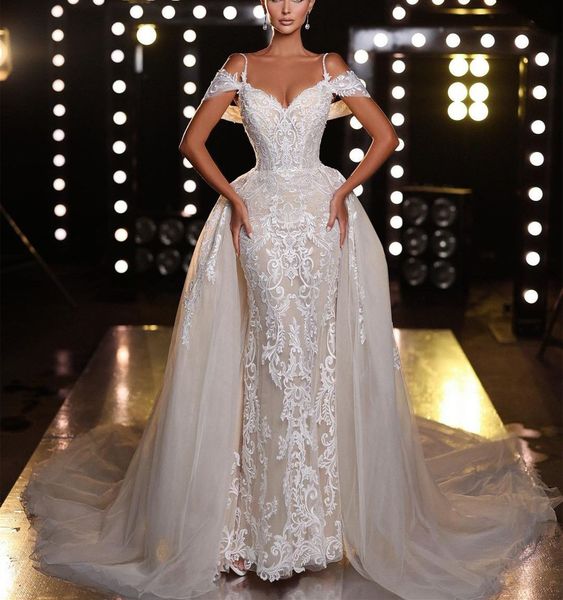 elegant mermaid wedding dresses sleeveless v neck straps beaded sequins appliques 3d lace detachable train hollow bridal gowns plus size ves, White
elegant mermaid wedding dresses sleeveless v neck straps beaded sequins appliques 3d lace detachable train hollow bridal gowns plus size ves, White