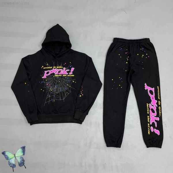 Image of Men&#039;s Hoodies Sweatshirts Black Sp5der Tracksuit 555555 Foam Print Pink Hot Drill Diamonds Spider Hoodie Sweatshirt Set Men Women Sp5der Sweatpants