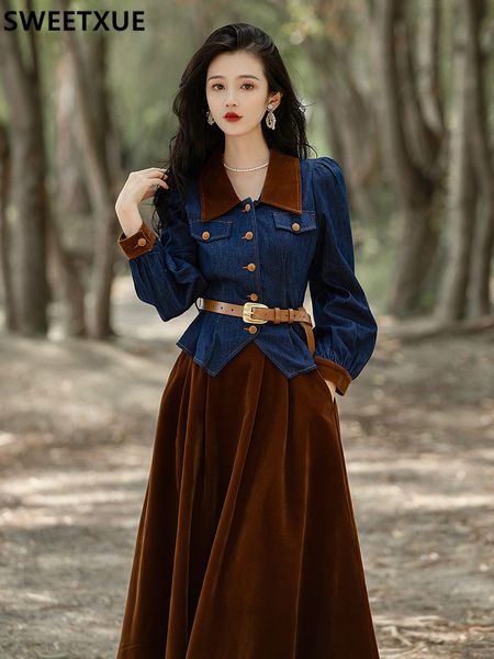 two piece dress autumn winter temperament vintage french velvet patchwork denim belt velvet long skirt two-piece suits women 230329, White
two piece dress autumn winter temperament vintage french velvet patchwork denim belt velvet long skirt two-piece suits women 230329, White