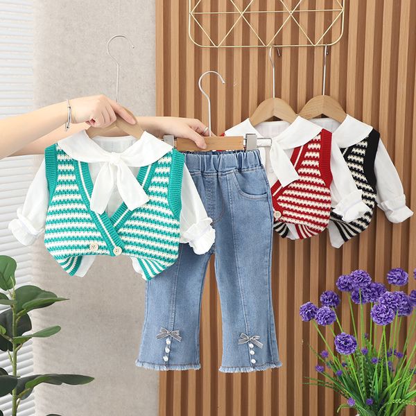 waistcoat spring autumn children girl 3pcs clothes set striped sweater vest bow-knot long sleeve shirt jeans infant baby girl suit 230329, Camo
waistcoat spring autumn children girl 3pcs clothes set striped sweater vest bow-knot long sleeve shirt jeans infant baby girl suit 230329, Camo