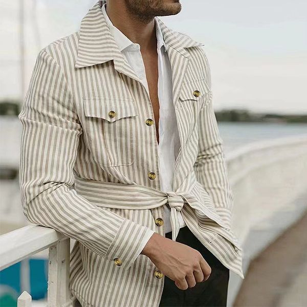 men's casual shirts men's long sleeve striped shirt casual streetwear button pocket belted shirt for men mid-length men's clo, White;black
men's casual shirts men's long sleeve striped shirt casual streetwear button pocket belted shirt for men mid-length men's clo, White;black