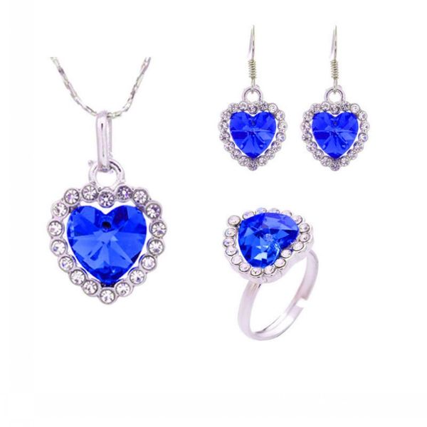 12 sets/lot heart of the sea pendant necklace ear studs ring jewelry suit inlaid zircon rhinestone twinkle decorate adjeustable length neckl, Silver
12 sets/lot heart of the sea pendant necklace ear studs ring jewelry suit inlaid zircon rhinestone twinkle decorate adjeustable length neckl, Silver