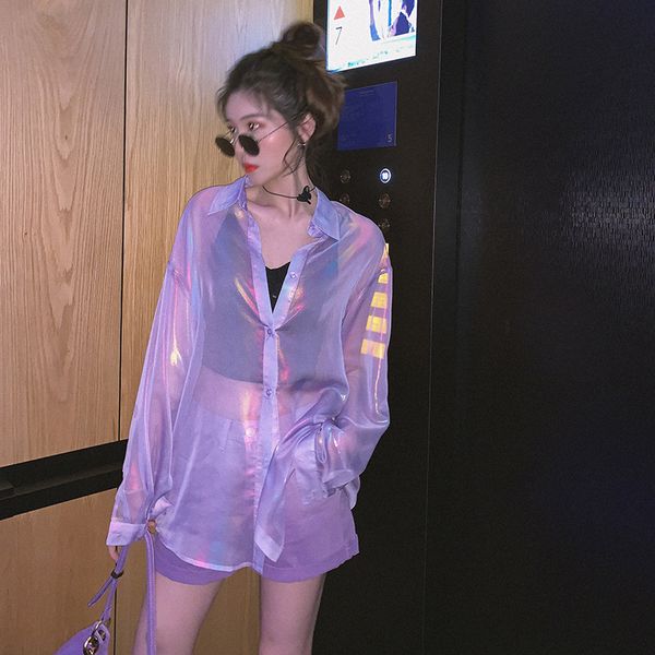 women's blouses long sleeve summer sun-proof purple trendy thin shiny bling streetwear, White
women's blouses long sleeve summer sun-proof purple trendy thin shiny bling streetwear, White