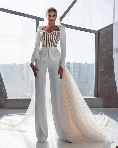 luxury jumpsuit wedding dress with pearls 2023 elegant satin pant boho beach wedding gowns with train long sleeve vestido novia western 1950, White
luxury jumpsuit wedding dress with pearls 2023 elegant satin pant boho beach wedding gowns with train long sleeve vestido novia western 1950, White