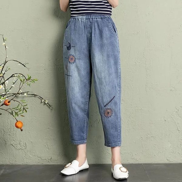 women's jeans summer elastic waist jean vintage embroidery denim pants ladies casual retro floral cowboy fashion cropped harem trousers, Blue
women's jeans summer elastic waist jean vintage embroidery denim pants ladies casual retro floral cowboy fashion cropped harem trousers, Blue