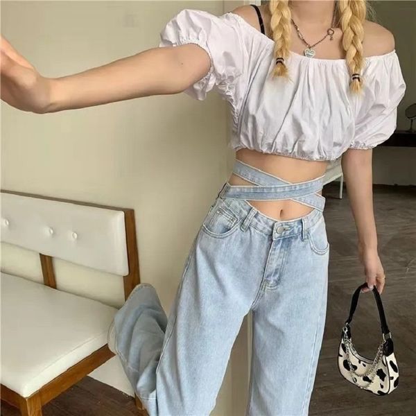 women's jeans high waist women 2023 spring fashion flare jean's trousers wash blue cross bandag straight leg streetwear 230330
women's jeans high waist women 2023 spring fashion flare jean's trousers wash blue cross bandag straight leg streetwear 230330