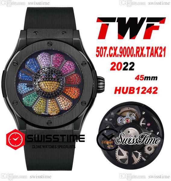 twf all black 45mm hub1242 automatic mens watch ceramic bezel paved diamonds colors diamond sun flower dial rubber strap super edition 2023, Slivery;brown
twf all black 45mm hub1242 automatic mens watch ceramic bezel paved diamonds colors diamond sun flower dial rubber strap super edition 2023, Slivery;brown