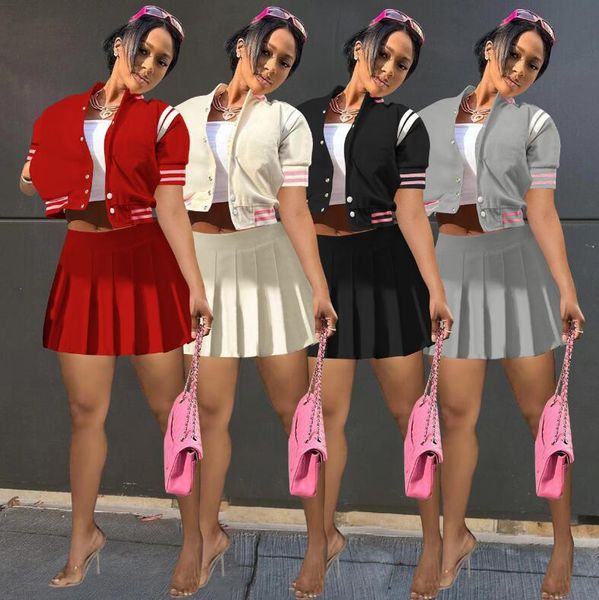 women's two piece dress short sleeve baseball cardigan pleated skirt women's clothing, White
women's two piece dress short sleeve baseball cardigan pleated skirt women's clothing, White