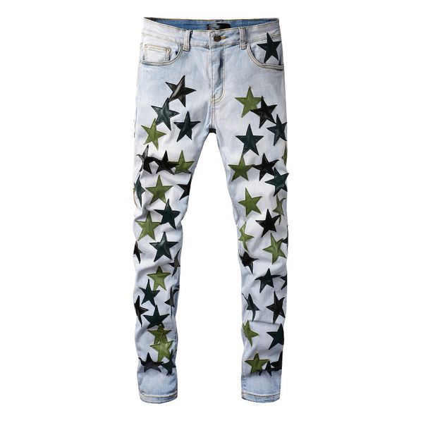 men's jeans light blue distressed streetwear green stars patchwork slim stretch skinny high street fashion style ripped 230330
men's jeans light blue distressed streetwear green stars patchwork slim stretch skinny high street fashion style ripped 230330