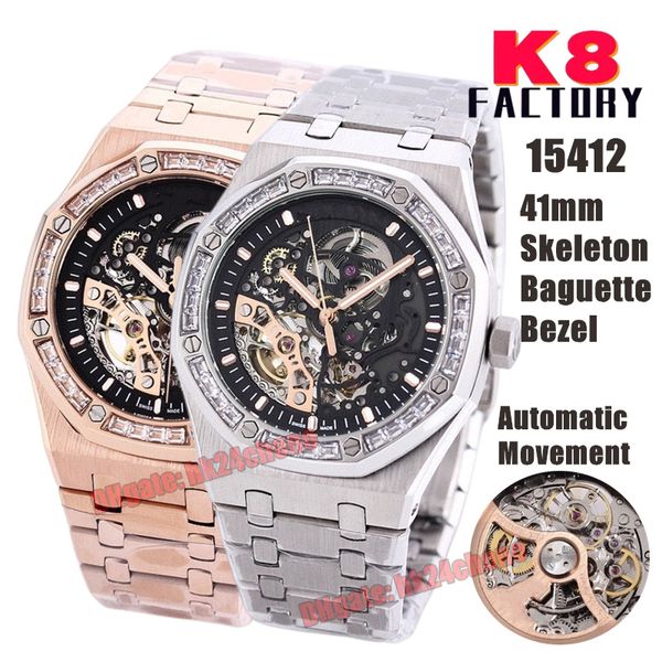 k8 factory watches 15412 rose gold 41mm automatic mens watch baguette bezel skeleton dial stainless steel bracelet gents wristwatches, Slivery;brown
k8 factory watches 15412 rose gold 41mm automatic mens watch baguette bezel skeleton dial stainless steel bracelet gents wristwatches, Slivery;brown