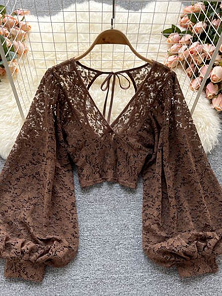 women's blouses shirts autumn black/white/brown lace blouse women elegant v-neck puff long sleeve open back short female party blusas
women's blouses shirts autumn black/white/brown lace blouse women elegant v-neck puff long sleeve open back short female party blusas