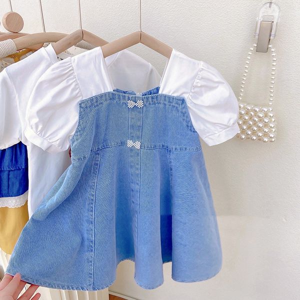 16120 summer kids girls princess casual dress children short sleeve denim patchwork dresses, Red;yellow
16120 summer kids girls princess casual dress children short sleeve denim patchwork dresses, Red;yellow