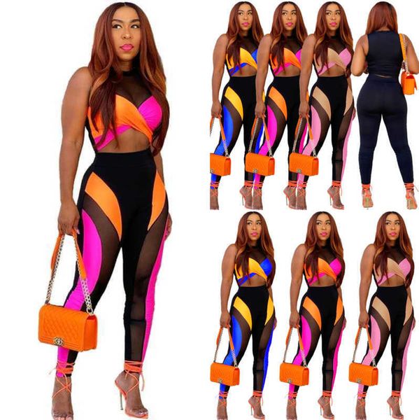 designer women tracksuits two piece outfits color blocking mesh midriff-baring vest pants two piece set, White
designer women tracksuits two piece outfits color blocking mesh midriff-baring vest pants two piece set, White