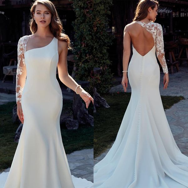 bohemian mermaid wedding dresses appliques lace one-shoulder sweep train custom made backless long sleeve boho bridal gowns, White
bohemian mermaid wedding dresses appliques lace one-shoulder sweep train custom made backless long sleeve boho bridal gowns, White