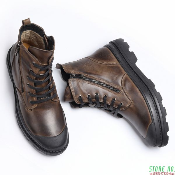 

boots natural cow leather men winter handmade retro genuine shoes #cx9550 230330, Black