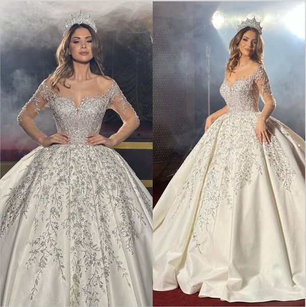 princess elegant satin wedding dresses ball gown crystal beading mariage bridal gowns african vestido de noiva, White