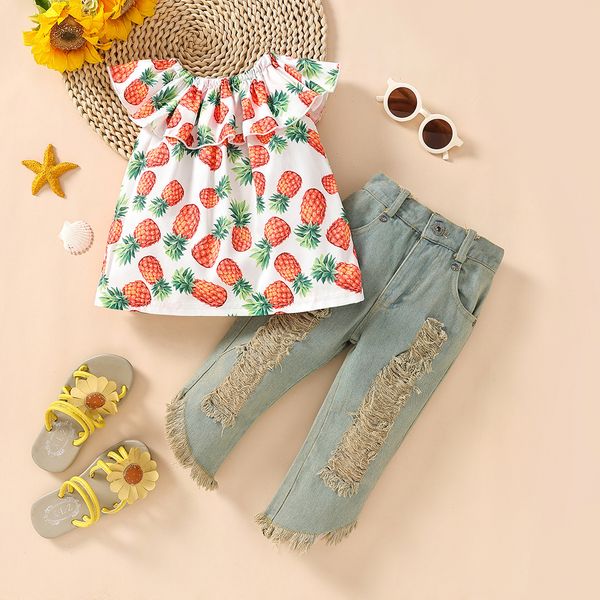 16112 summer kids girls denim pants blouse clothing set baby pineapple one-line shoulder with ripped jeans 2pcs children girl outfits sets, White
16112 summer kids girls denim pants blouse clothing set baby pineapple one-line shoulder with ripped jeans 2pcs children girl outfits sets, White