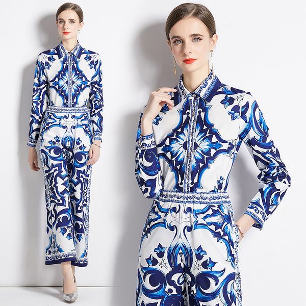 2023 designer blue two piece pants retro floral sets women graceful blouse and trousers street cafe 2 piece pant suit long sleeve office lad, White
2023 designer blue two piece pants retro floral sets women graceful blouse and trousers street cafe 2 piece pant suit long sleeve office lad, White