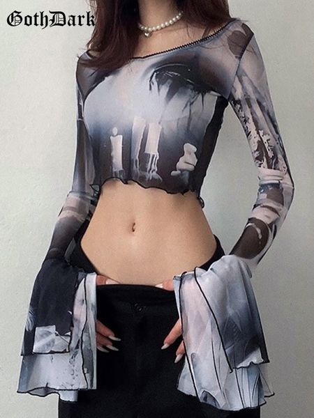 women's t-shirt goth dark punk aesthetic print y2k mesh women crop gothic flare sleeve see through t-shirts emo lettuce hem streetwear, White
women's t-shirt goth dark punk aesthetic print y2k mesh women crop gothic flare sleeve see through t-shirts emo lettuce hem streetwear, White