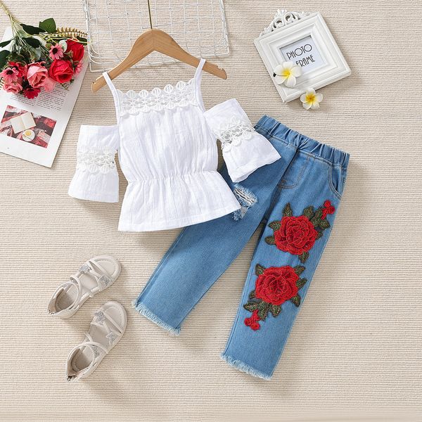 16114 summer baby girls clothing suit hollow out suspender with embroidered jeans 2pcs children girl outfits set, White
16114 summer baby girls clothing suit hollow out suspender with embroidered jeans 2pcs children girl outfits set, White