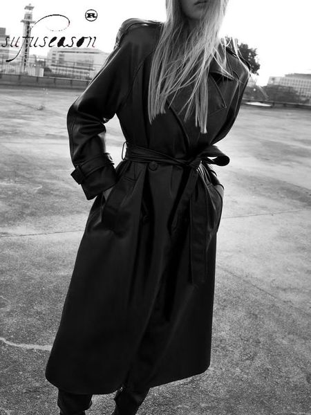 women's trench coats faux leather black elegant slim waistband woman longovercoat fall clothing for blazer fashion autumn winter za 230, Tan;black
women's trench coats faux leather black elegant slim waistband woman longovercoat fall clothing for blazer fashion autumn winter za 230, Tan;black