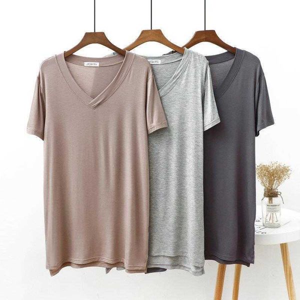 summer modal cotton mid length split t shirt womens v neck slimming short sleeve, White
summer modal cotton mid length split t shirt womens v neck slimming short sleeve, White