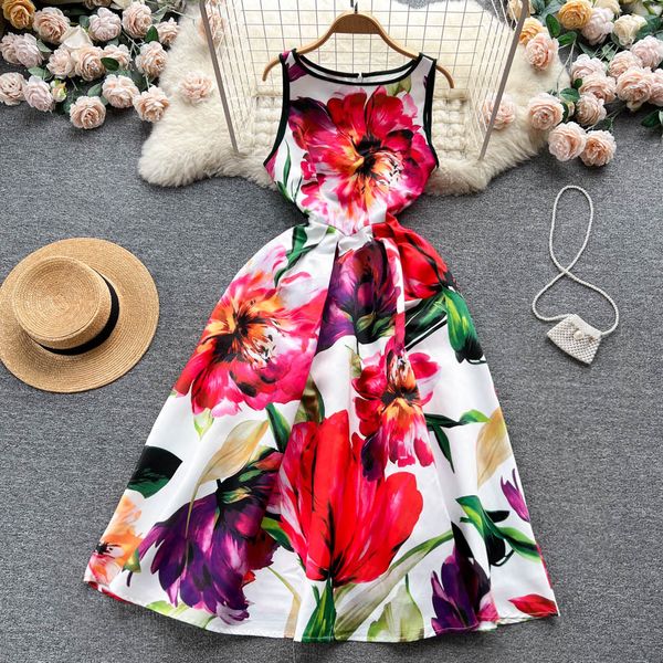 french vintage court style printed dress summer waist closure shows thin temperament large swing skirt sleeveless tank long dress, Black;gray
french vintage court style printed dress summer waist closure shows thin temperament large swing skirt sleeveless tank long dress, Black;gray
