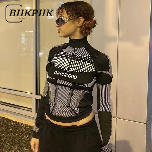 women's t-shirt biikpiik letter zipper moto biker style crop striped dot patchwork t shirts full sleeve stand collar streetwear fashion, White
women's t-shirt biikpiik letter zipper moto biker style crop striped dot patchwork t shirts full sleeve stand collar streetwear fashion, White