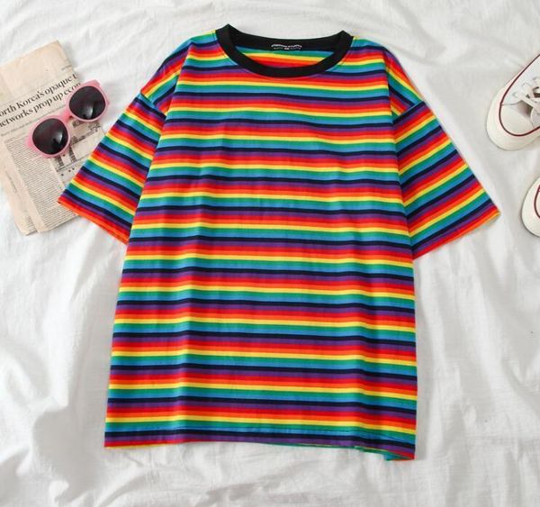 women's t-shirt spring/summer women's rainbow stripe short sleeve t-shirt 230331, White
women's t-shirt spring/summer women's rainbow stripe short sleeve t-shirt 230331, White