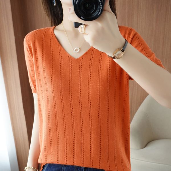 women's t-shirt summer 100% cotton short sleeve sweater t-shirt women's v-neck drawn t-shirt hollow design casual knit 230331, White
women's t-shirt summer 100% cotton short sleeve sweater t-shirt women's v-neck drawn t-shirt hollow design casual knit 230331, White