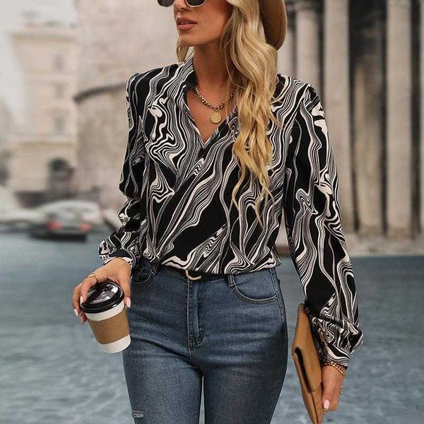 long sleeve v-neck printed shirt for women - stylish, trendy & versatile, White 
long sleeve v-neck printed shirt for women - stylish, trendy & versatile, White