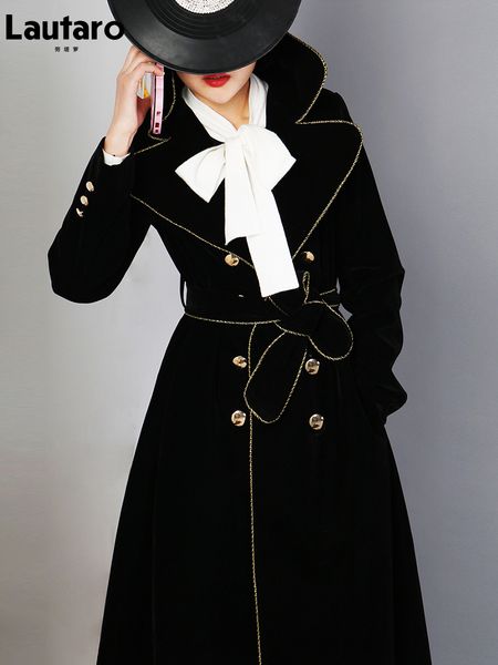 women's leather faux lautaro spring autumn long black velvet trench coat for women with gold trim sashes double breasted luxury designe
women's leather faux lautaro spring autumn long black velvet trench coat for women with gold trim sashes double breasted luxury designe